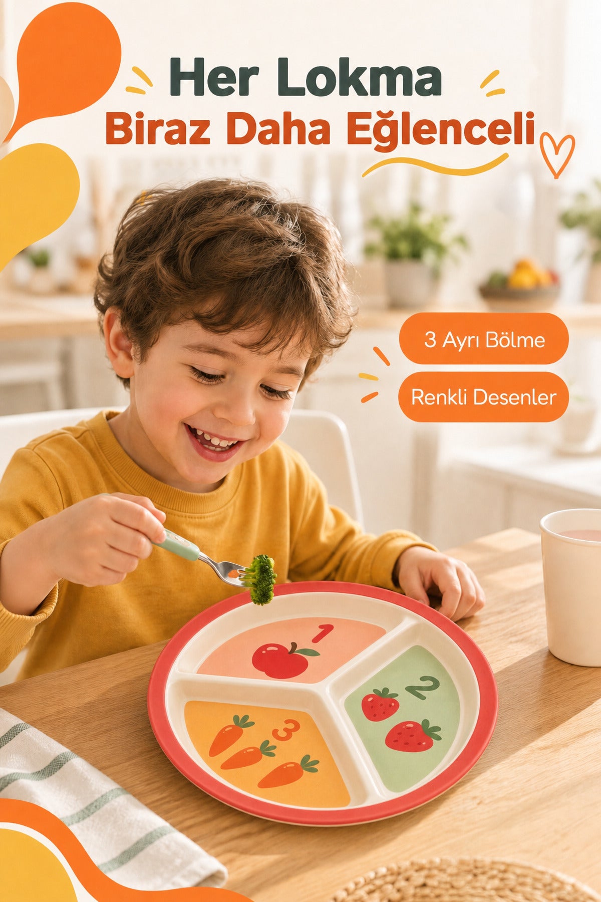 3 Bölmeli Melamin Çocuk Tabağı-Ekstra Dayanıklı BPA Free Beslenme Tabağ-Eğitici Sayılar Çocuk Tabağı
