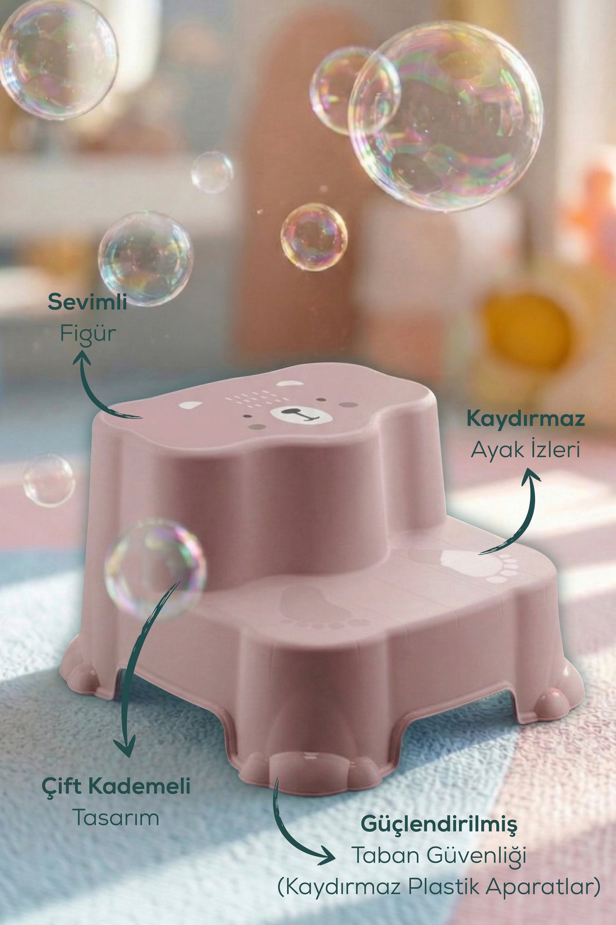 Kaydırmaz Çocuk Basamağı - Çift Katlı Banyo Merdiven Yükseltici Bebek Basamağı -Pembe