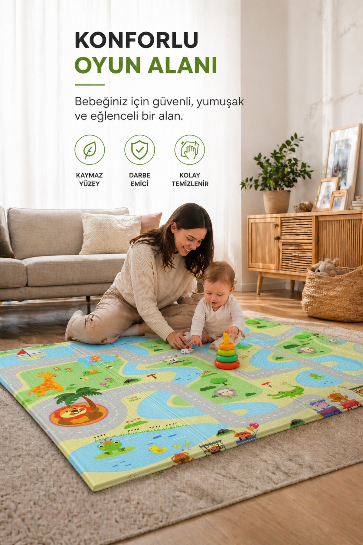 Katlanabilir Oyun Halısı ,Oyun Matı - Tek Taraflı Katlanır Mat, Oyun Matı 200x130 cm-Yeşil Yol