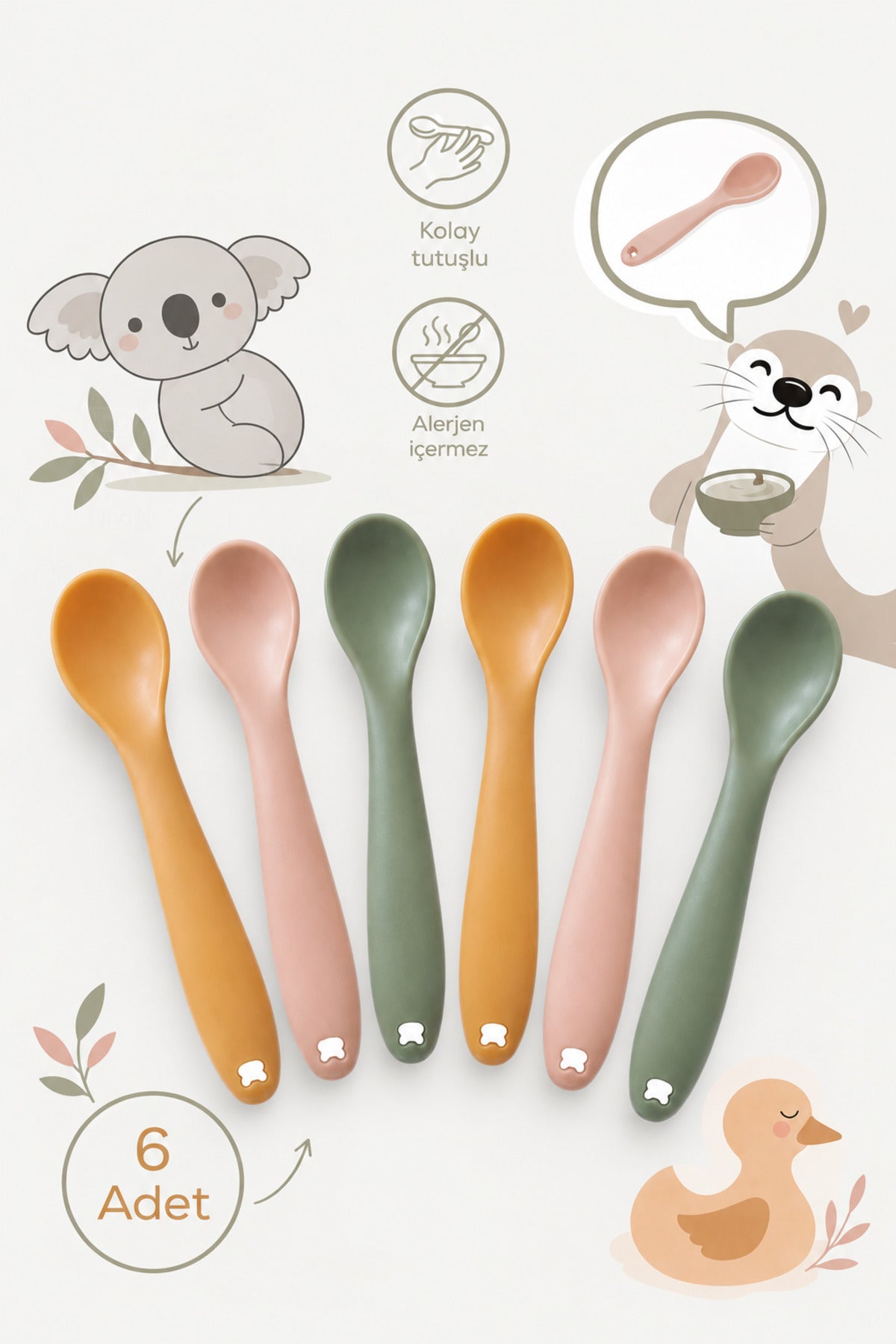 6'lı Yumuşak Uçlu , Dişlik özellikli Silikon Mama Kaşığı - Bebek Beslenme Kaşığı-Yeşil/Turuncu/Pembe wumboo-color-yesil-turuncu