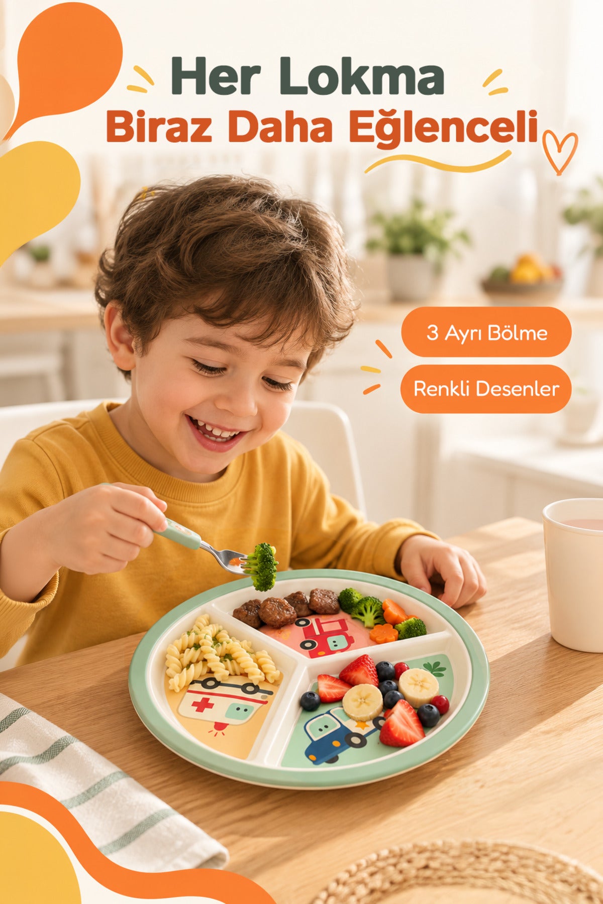 3 Bölmeli Melamin Çocuk Tabağı-Mama Tabağı-Ekstra Dayanıklı BPA Free Beslenme Tabağı- Araba