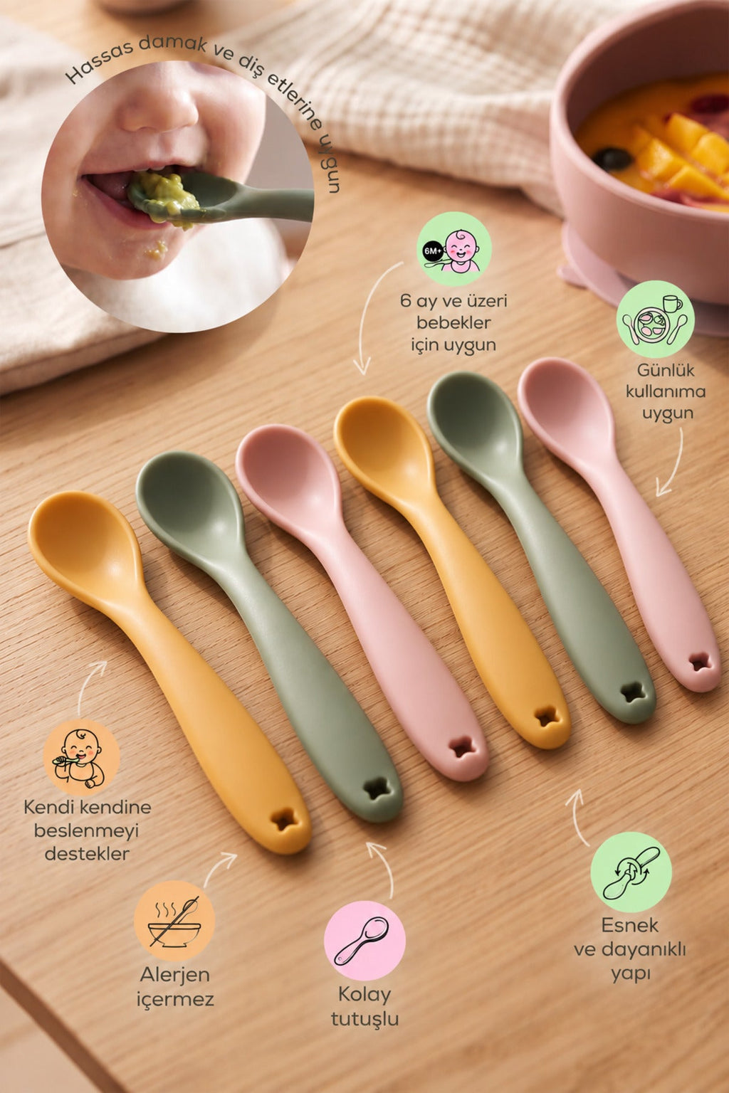 6'lı Yumuşak Uçlu , Dişlik özellikli Silikon Mama Kaşığı - Bebek Beslenme Kaşığı-Yeşil/Turuncu/Pembe wumboo-color-yesil-turuncu