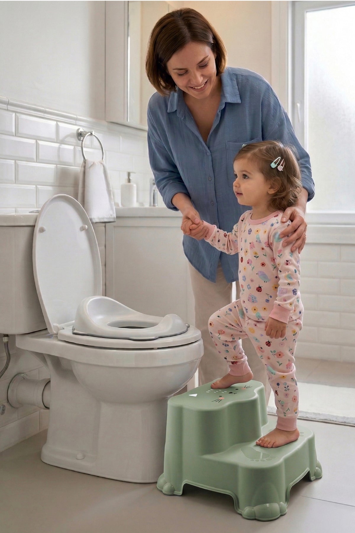 Kaydırmaz Çocuk Basamağı - Çift Katlı Banyo Merdiven Yükseltici Bebek Basamağı -Yeşil