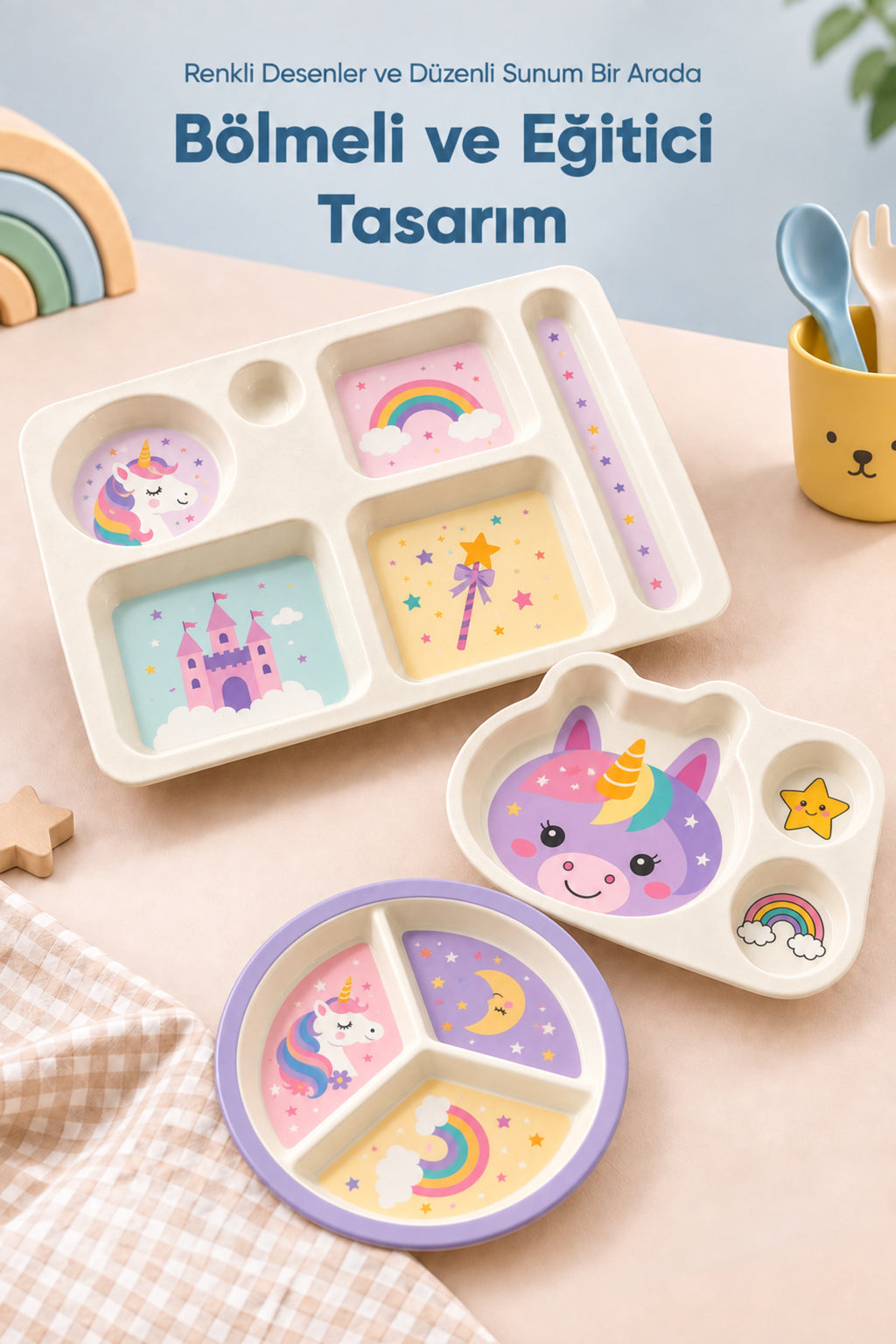 3'lü Melamin Çocuk Tabağı - Ekstra Dayanıklı BPA Free Beslenme Seti- Kırılmaz Çocuk Beslenme Tabağı - BSH-155