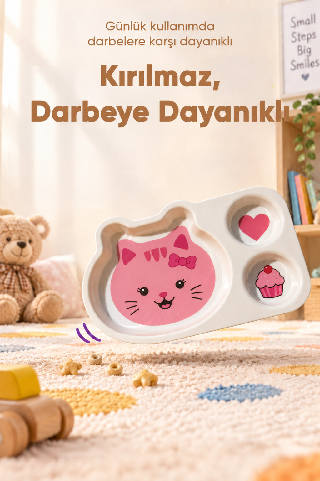 3 Bölmeli Hayvan Desenli Melamin Çocuk Tabağı-Ekstra Dayanıklı BPA Free Beslenme Tabağı- Pembe Kedi