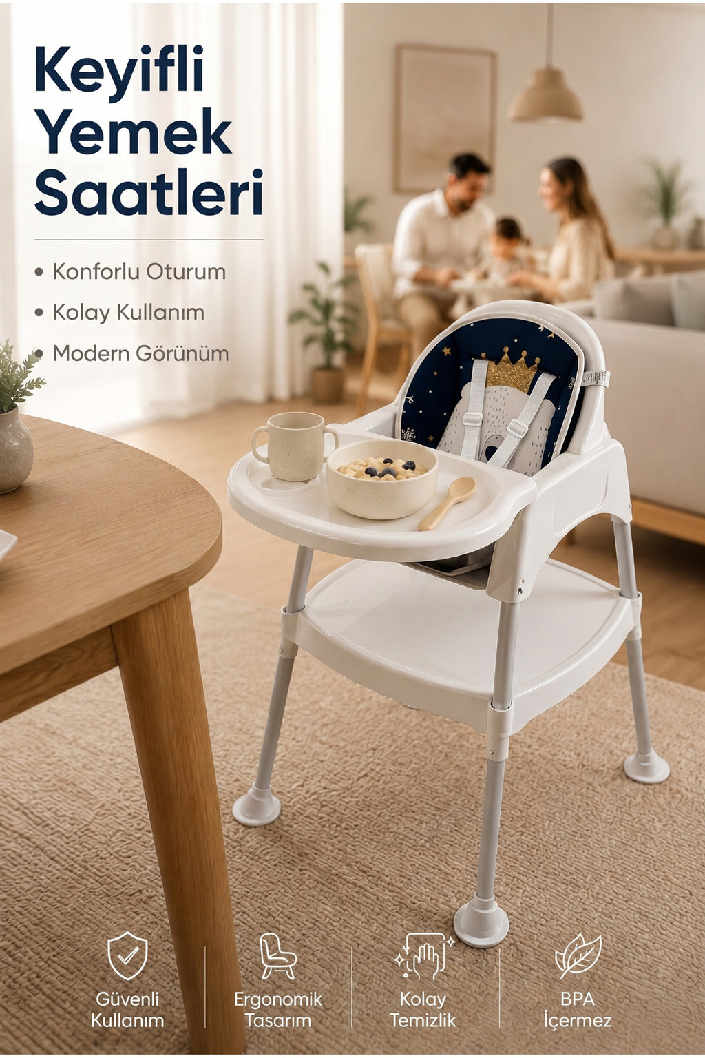 Bebek Mama Oturağı- Çok Fonksiyonlu Bebek Mama Sandalyesi ve Dönüştürülebilir Oyun Masası Seti-Beyaz
