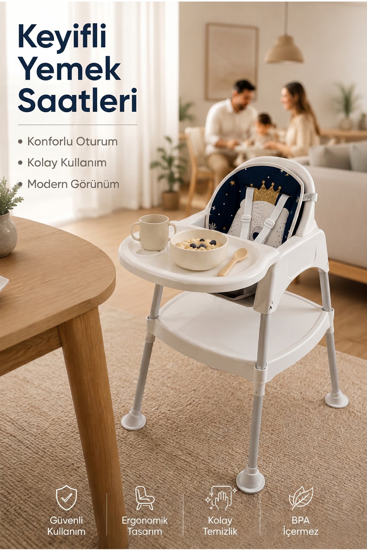Bebek Mama Oturağı- Çok Fonksiyonlu Bebek Mama Sandalyesi ve Dönüştürülebilir Oyun Masası Seti-Beyaz