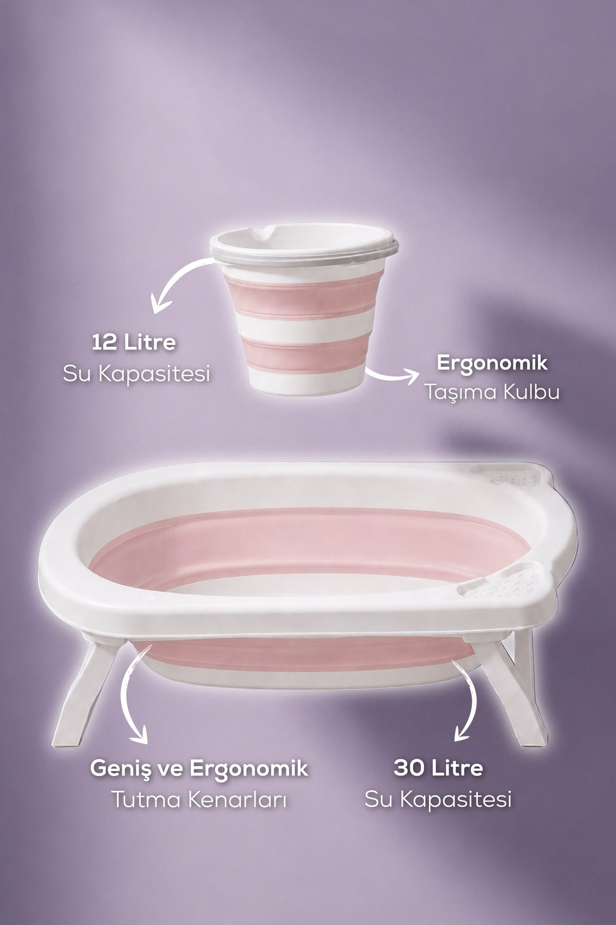 2'li Katlanır Bebek Banyo Seti - Katlanır Bebek Küveti,Kova Seti -2 Sünger Hediyeli-Pembe