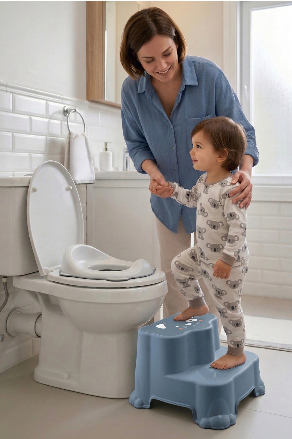 Kaydırmaz Çocuk Basamağı - Çift Katlı Banyo Merdiven Yükseltici Bebek Basamağı -Mavi