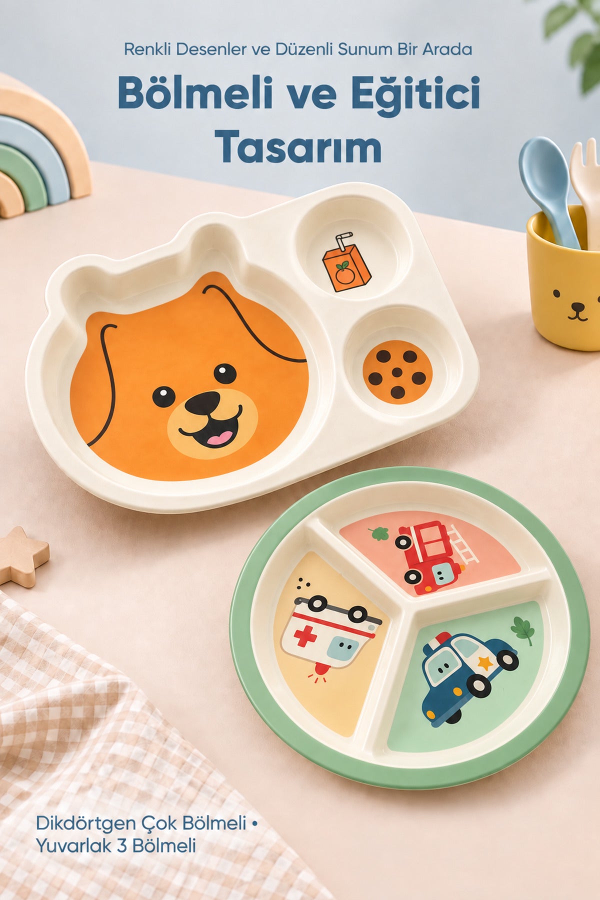2'li Melamin Çocuk Tabağı - Ekstra Dayanıklı BPA Free Beslenme Seti- Kırılmaz Çocuk Beslenme Tabağı - BSH-163