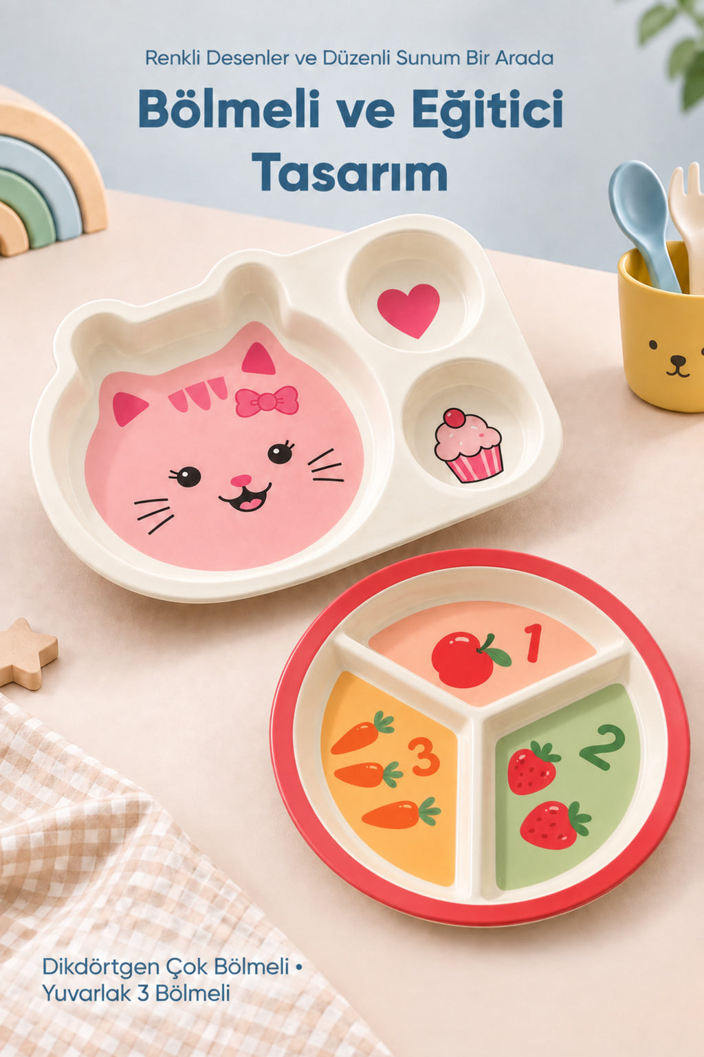 2'li Melamin Çocuk Tabağı - Ekstra Dayanıklı BPA Free Beslenme Seti- Kırılmaz Çocuk Beslenme Tabağı - BSH-164