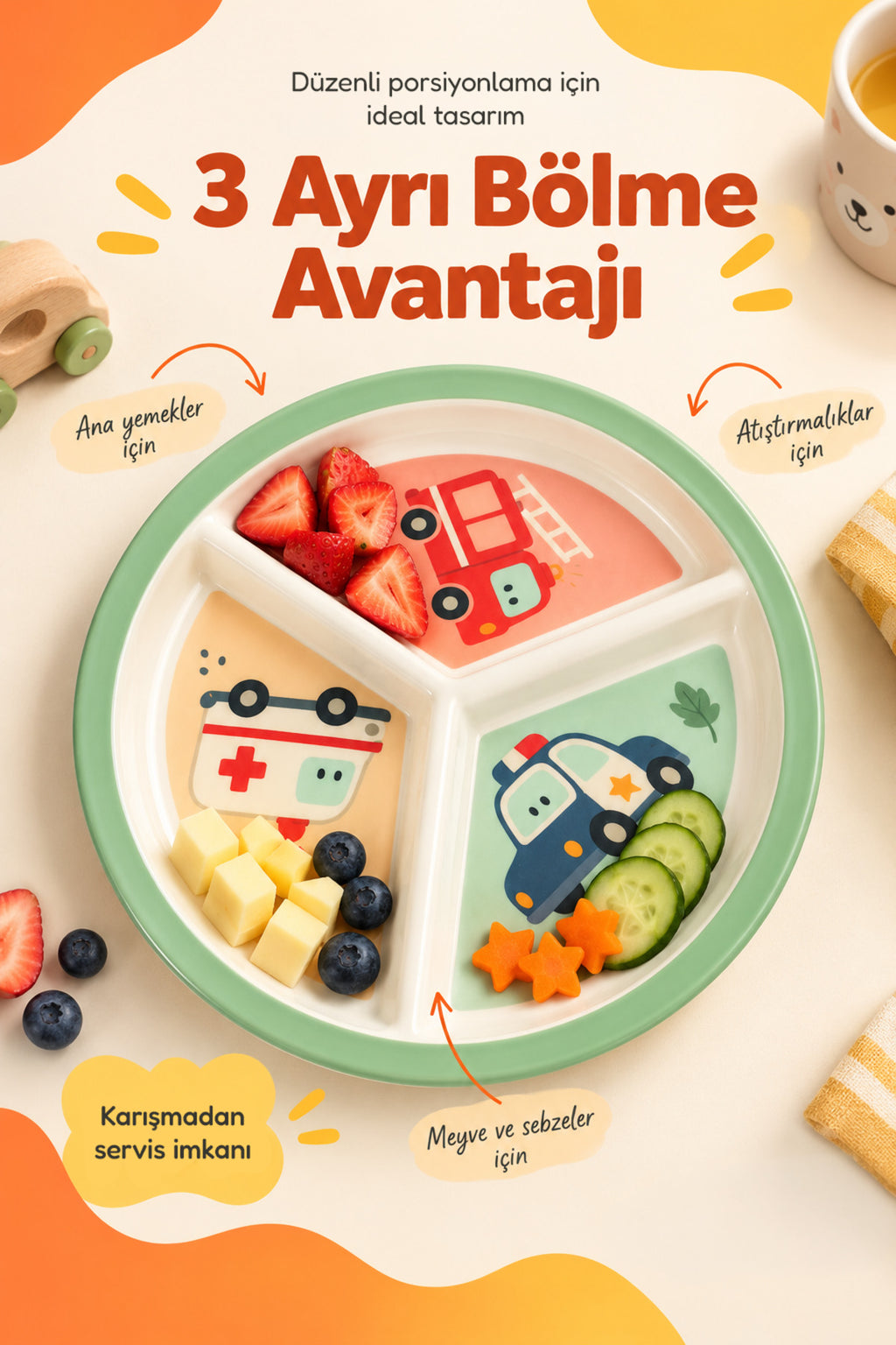 3 Bölmeli Melamin Çocuk Tabağı-Mama Tabağı-Ekstra Dayanıklı BPA Free Beslenme Tabağı- Araba