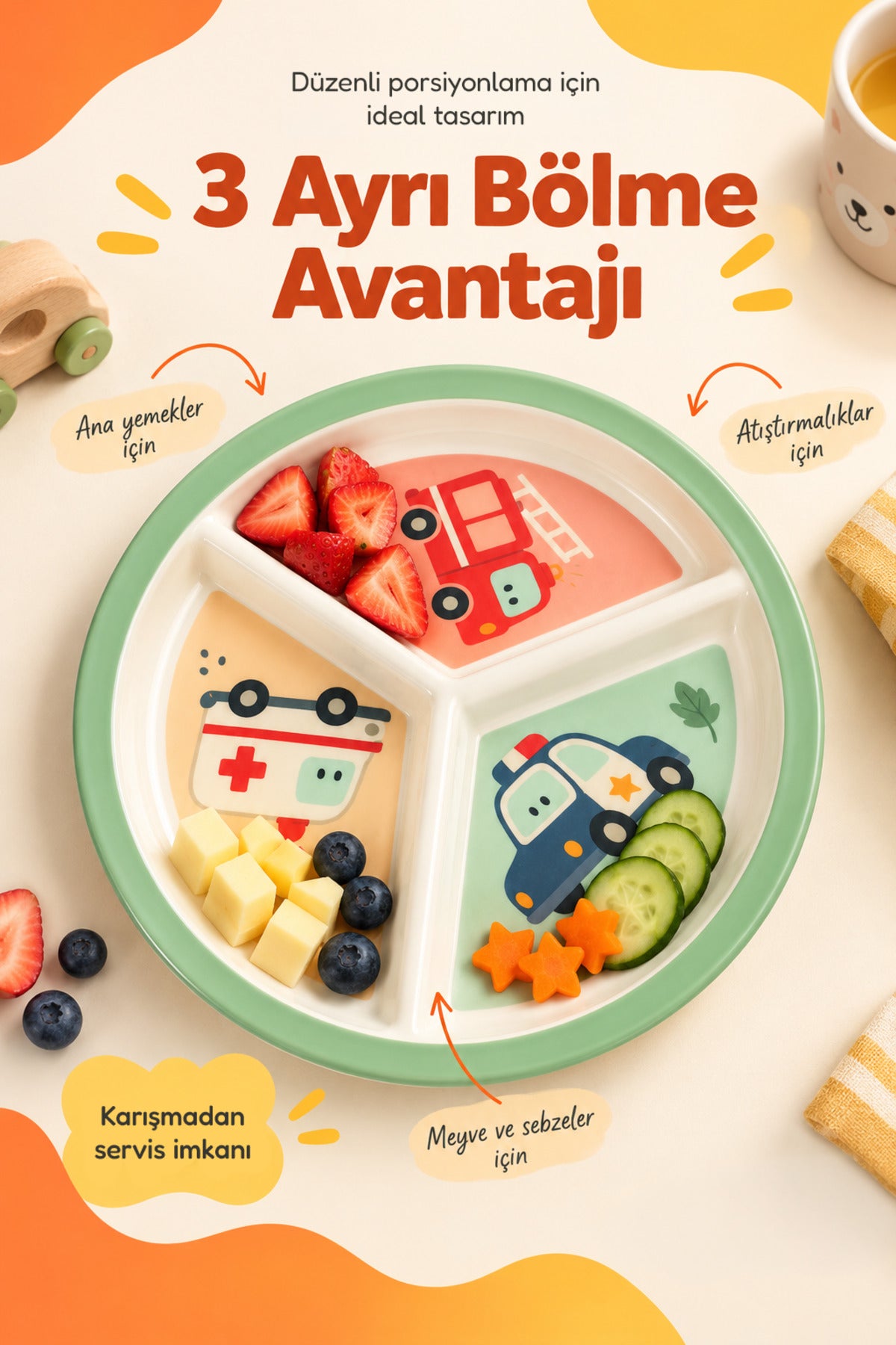 3 Bölmeli Melamin Çocuk Tabağı-Mama Tabağı-Ekstra Dayanıklı BPA Free Beslenme Tabağı- Araba