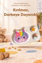 3 Bölmeli Hayvan Desenli Melamin Çocuk Tabağı-Ekstra Dayanıklı BPA Free Beslenme Tabağı- Unicorn