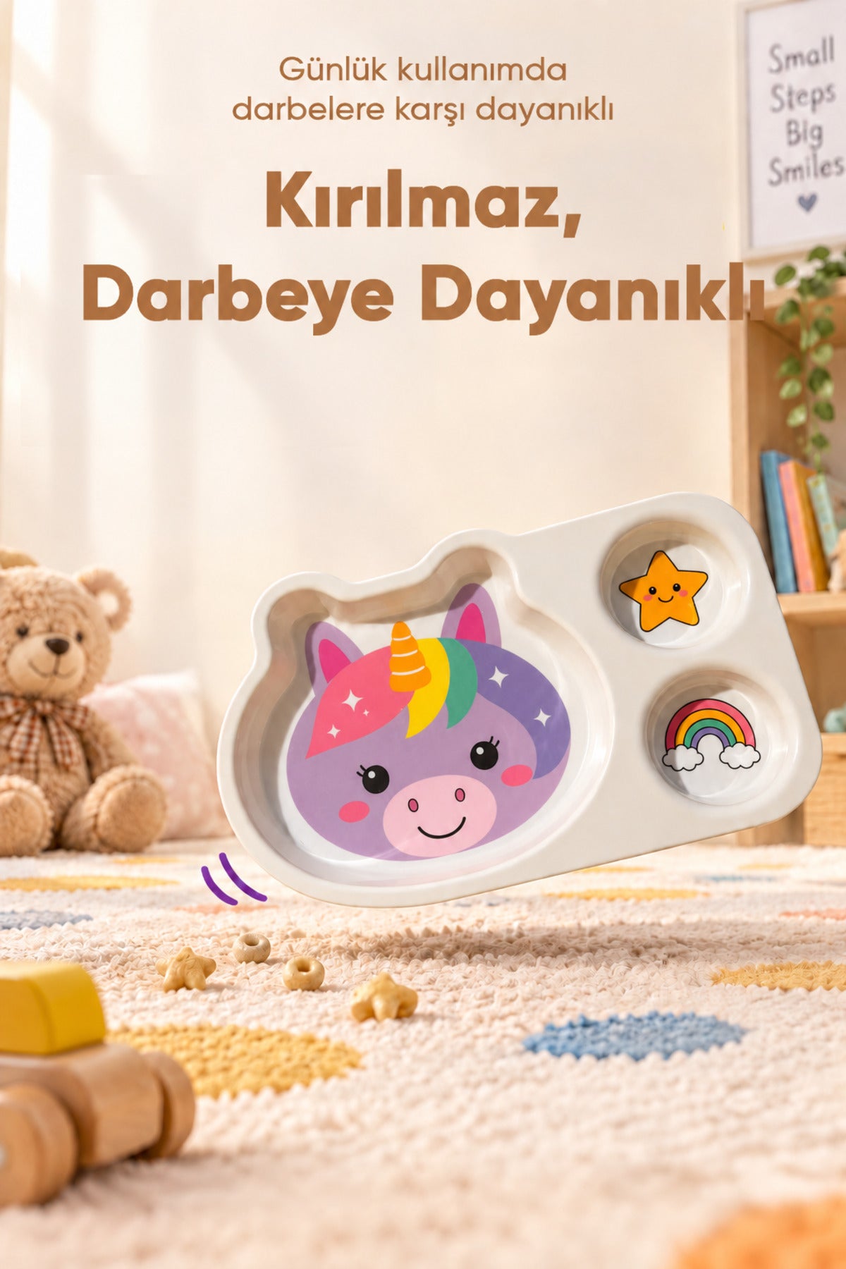 3 Bölmeli Hayvan Desenli Melamin Çocuk Tabağı-Ekstra Dayanıklı BPA Free Beslenme Tabağı- Unicorn