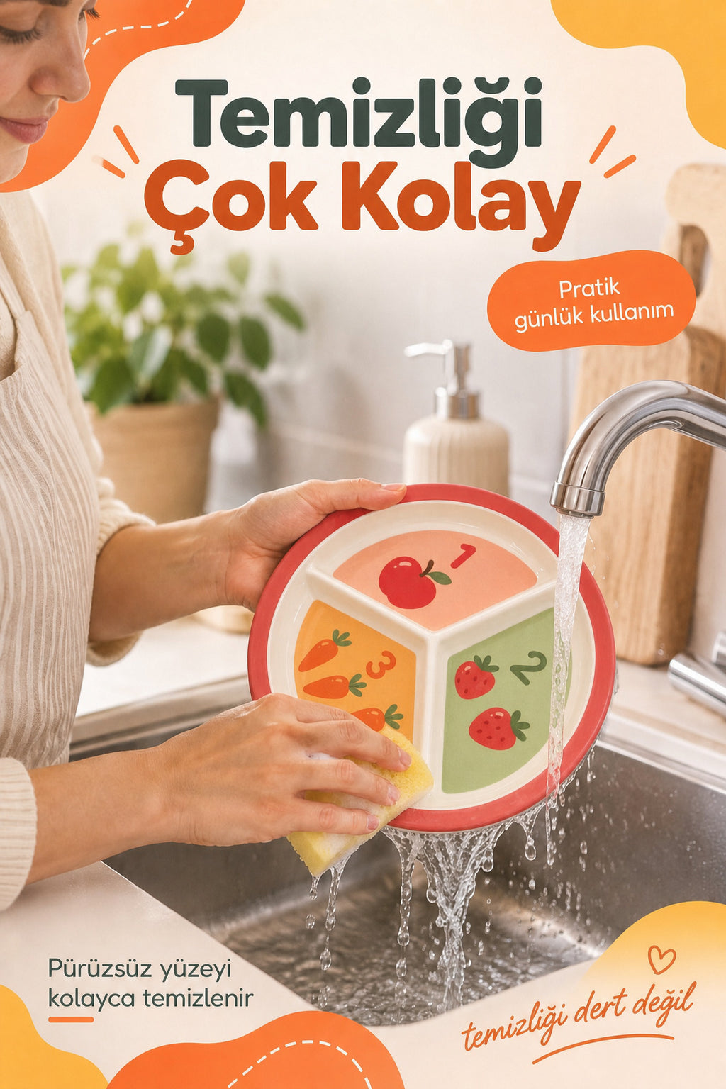 3 Bölmeli Melamin Çocuk Tabağı-Ekstra Dayanıklı BPA Free Beslenme Tabağ-Eğitici Sayılar Çocuk Tabağı