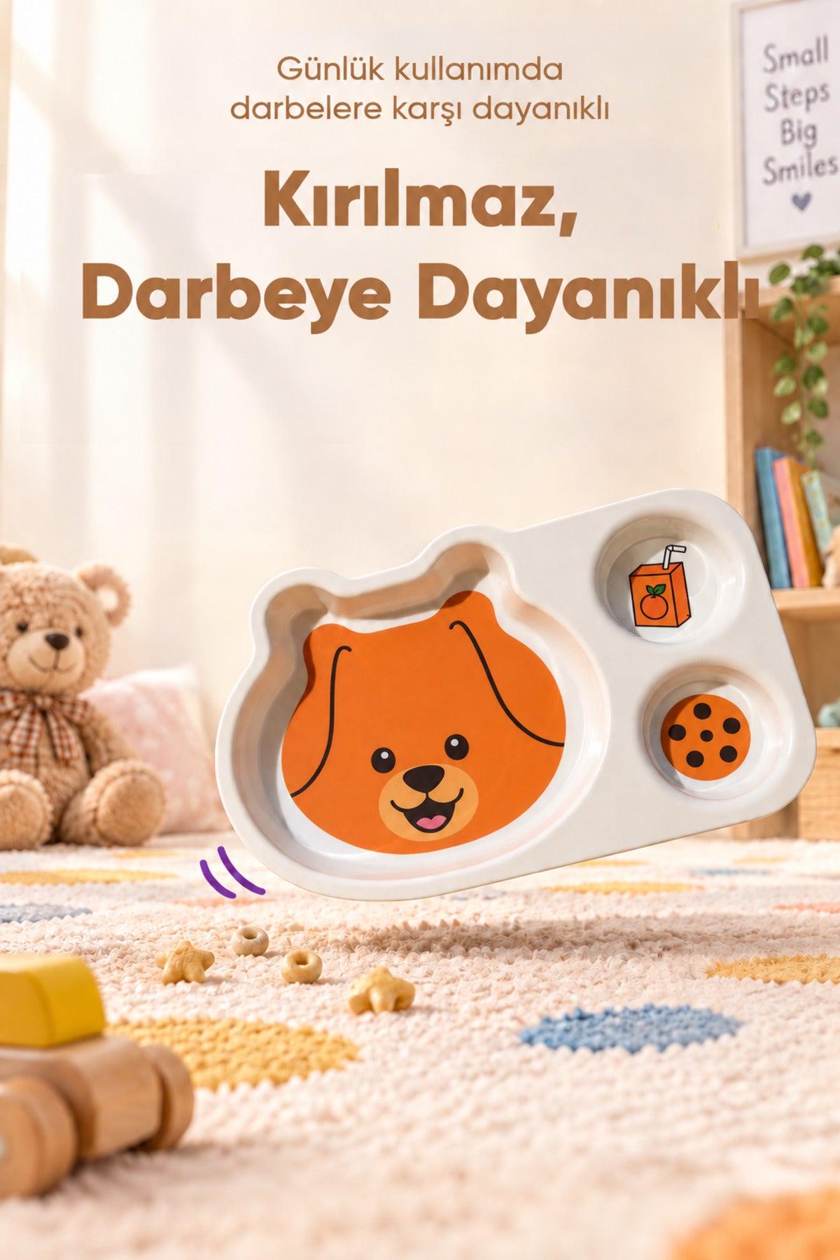 3 Bölmeli Hayvan Desenli Melamin Çocuk Tabağı-Ekstra Dayanıklı BPA Free Beslenme Tabağı-Köpek