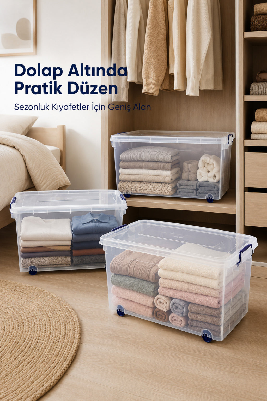 3'lü Tekerlekli 42 Lt Oyuncak Saklama Kutusu, Oyuncak Düzenleyici-Çocuk Odası Düzenleyici Organizer