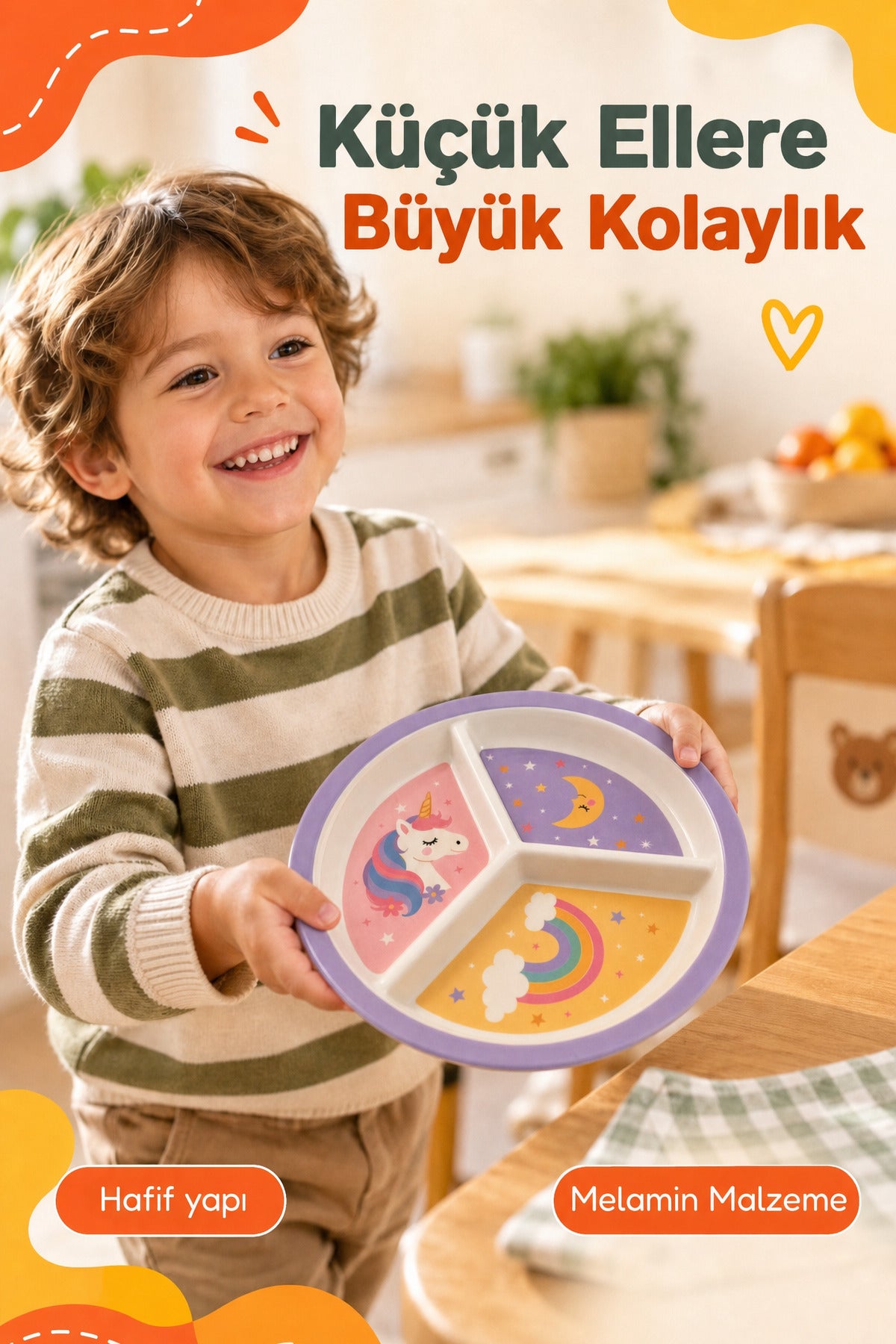 3 Bölmeli Melamin Çocuk Tabağı-Mama Tabağı-Ekstra Dayanıklı BPA Free Beslenme Tabağı- Unicorn