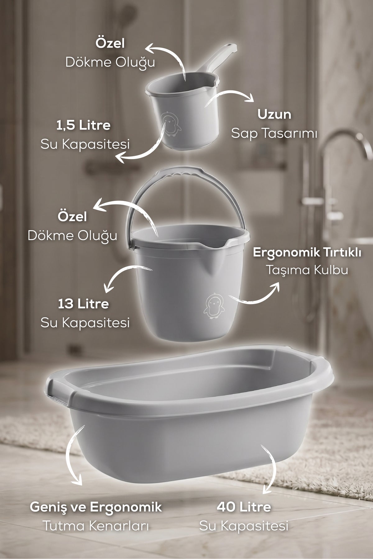 3’lü Bebek Banyo Yıkama Seti - Bebek Yıkama Küveti - Bebek Banyo Su Kovası - Maşrapa - Gri