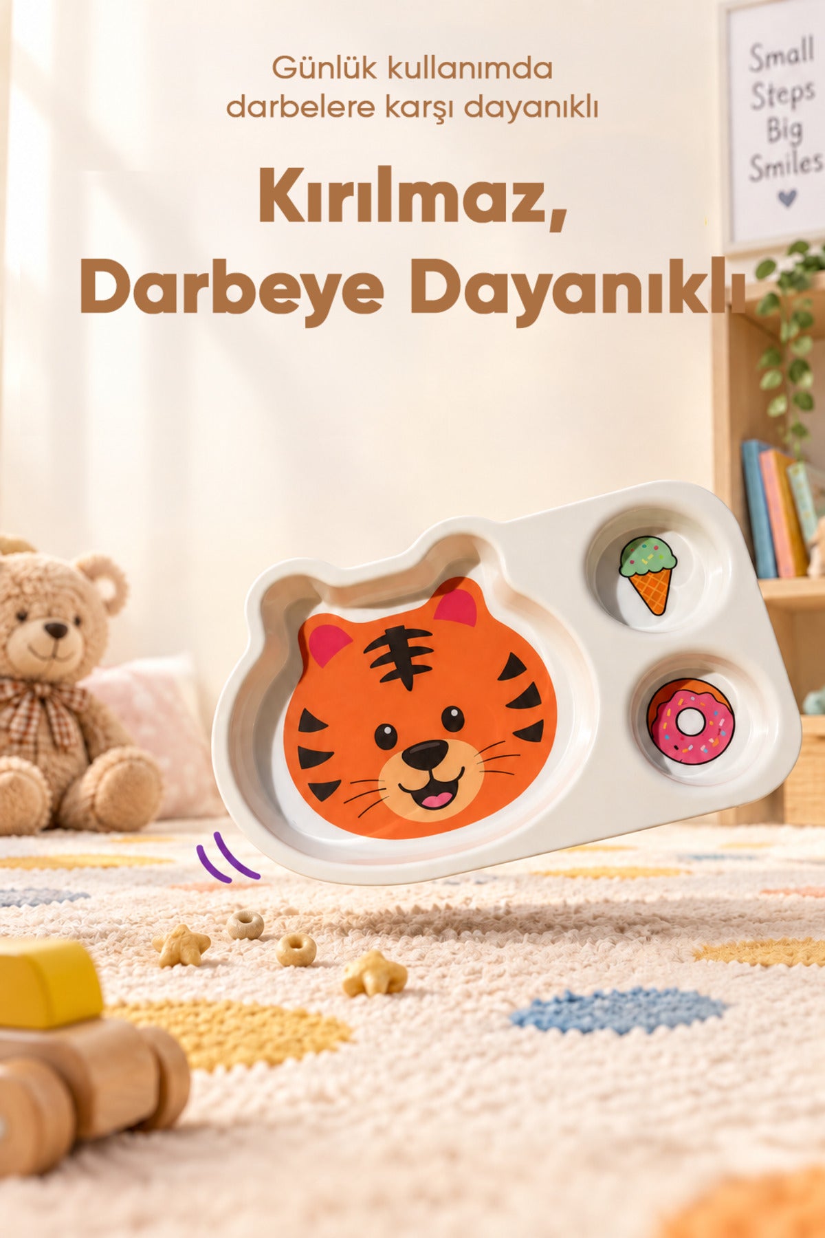 3 Bölmeli Hayvan Desenli Melamin Çocuk Tabağı-Ekstra Dayanıklı BPA Free Beslenme Tabağı- Kaplan