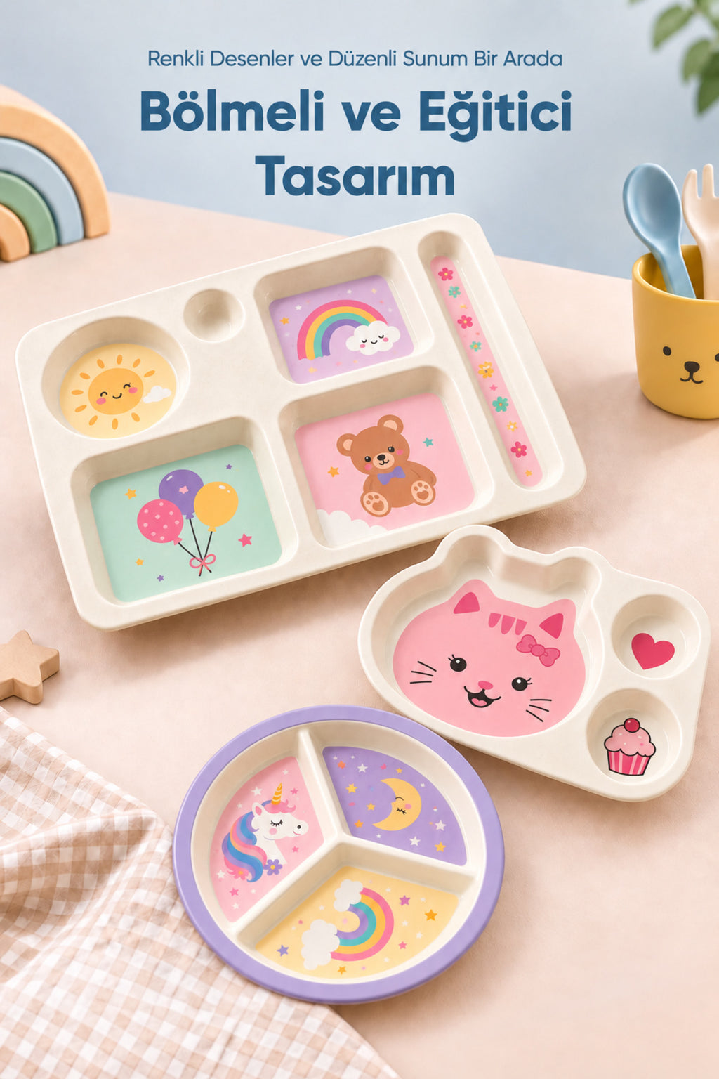3'lü Melamin Çocuk Tabağı - Ekstra Dayanıklı BPA Free Beslenme Seti- Kırılmaz Çocuk Beslenme Tabağı - BSH-157