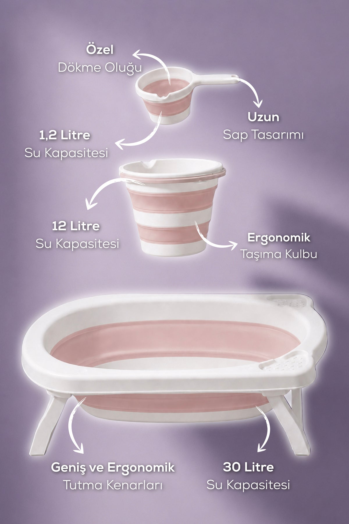 3'lü Katlanır Bebek Banyo Seti - Katlanır Bebek Küveti, Maşrapa,Kova Seti-Pembe