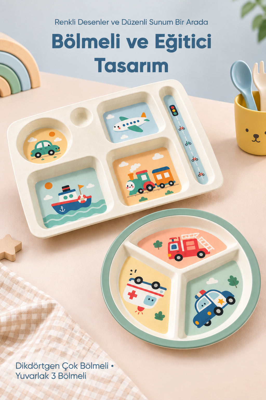 2'li Melamin Çocuk Tabağı - Ekstra Dayanıklı BPA Free Beslenme Seti- Kırılmaz Çocuk Beslenme Tabağı - BSH-161
