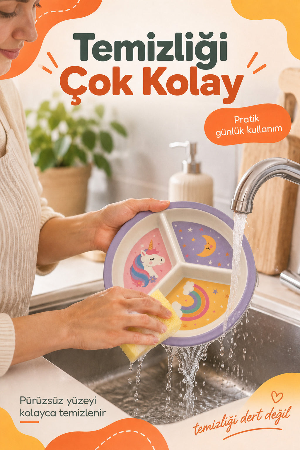 3 Bölmeli Melamin Çocuk Tabağı-Mama Tabağı-Ekstra Dayanıklı BPA Free Beslenme Tabağı- Unicorn
