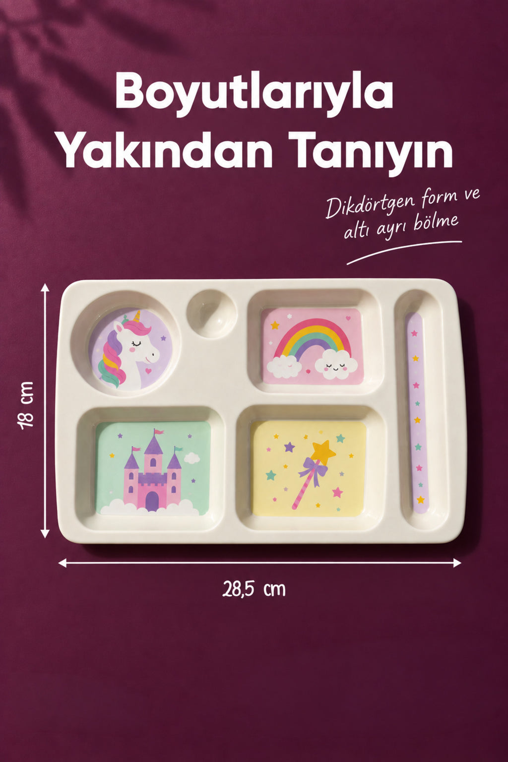 6 Bölmeli Melamin Çocuk Tabağı-Mama Tabağı-Ekstra Dayanıklı BPA Free Beslenme Tabağı- Unicorn