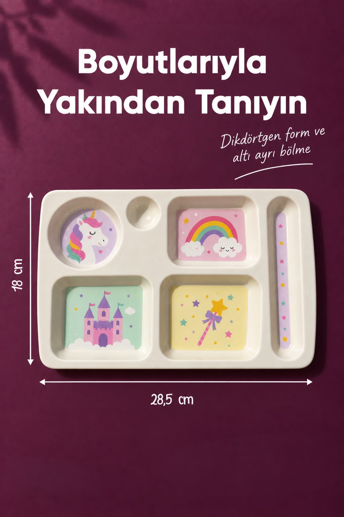 6 Bölmeli Melamin Çocuk Tabağı-Mama Tabağı-Ekstra Dayanıklı BPA Free Beslenme Tabağı- Unicorn