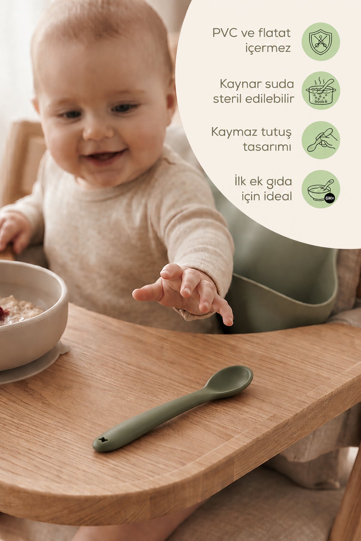 Yumuşak Uçlu , Dişlik özellikli Silikon Mama Kaşığı - Ek Gıda Geçiş Kaşığı -Beslenme Kaşığı-Yeşil