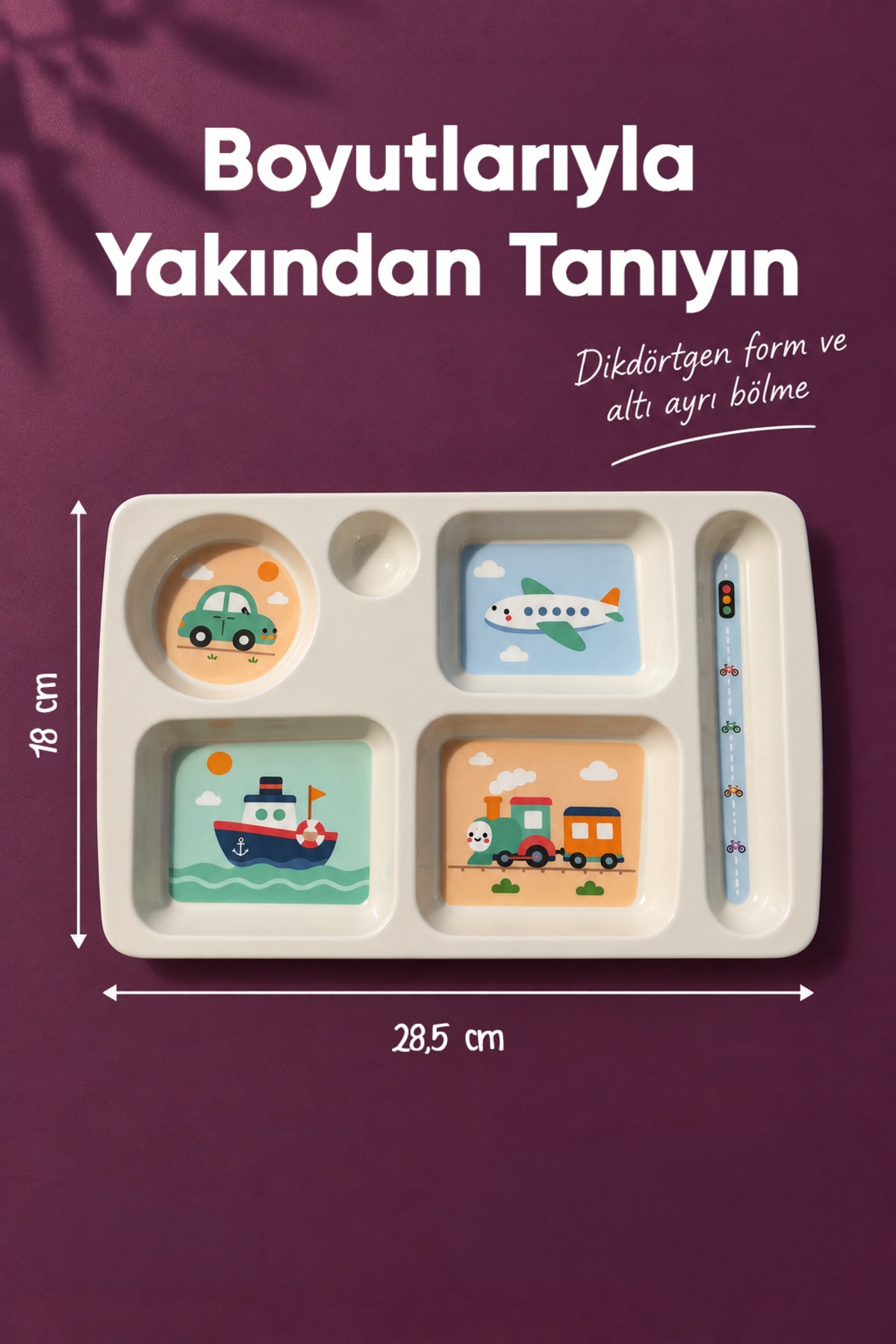 6 Bölmeli Melamin Çocuk Tabağı-Mama Tabağı-Ekstra Dayanıklı BPA Free Beslenme Tabağı- Araba
