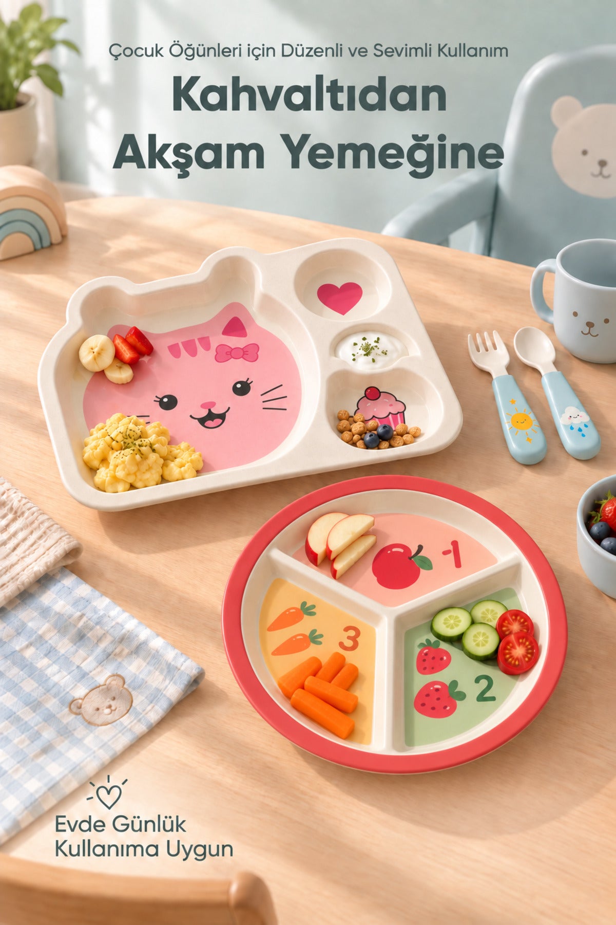 2'li Melamin Çocuk Tabağı - Ekstra Dayanıklı BPA Free Beslenme Seti- Kırılmaz Çocuk Beslenme Tabağı - BSH-164