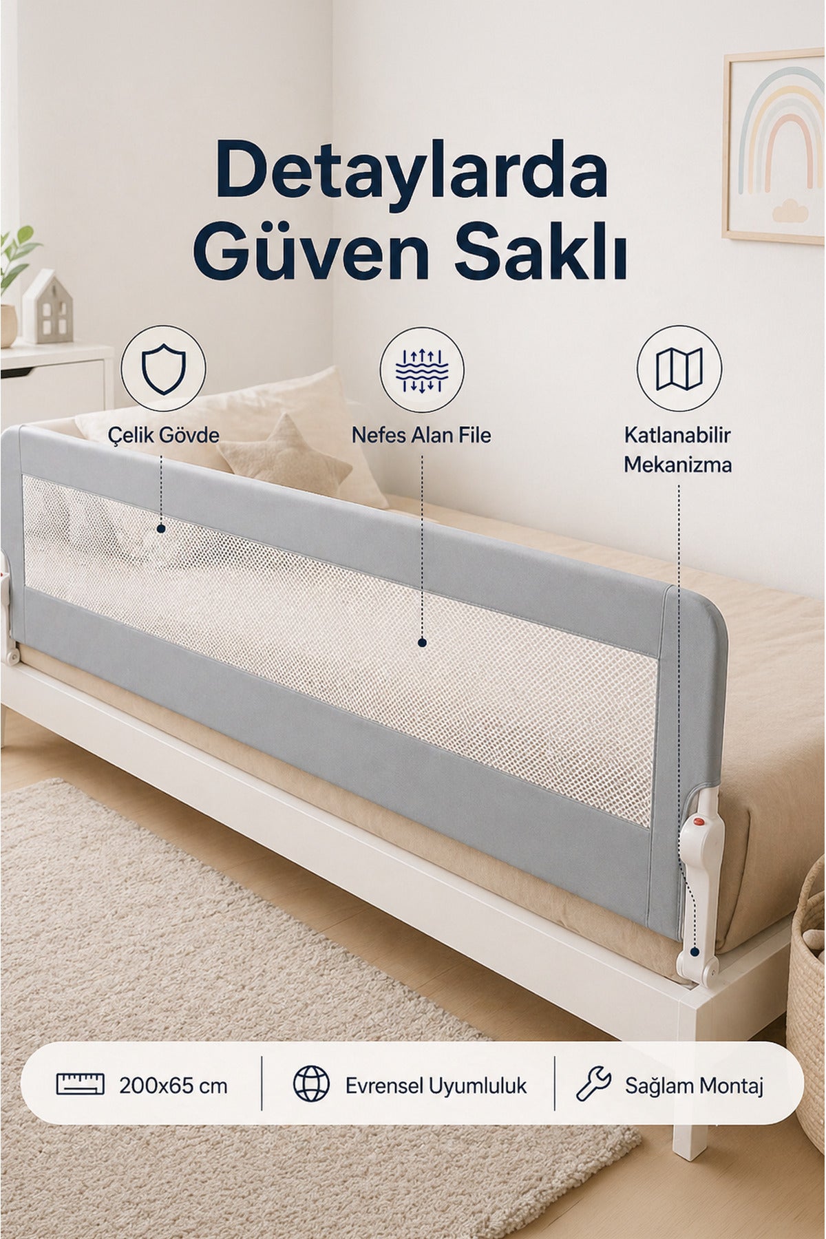 200 Cm Yatak Bariyeri - Mega Boy Güvenlik Bariyeri Koruyucu Bariyer,Bebek Bariyeri Büyük Boy-Gri
