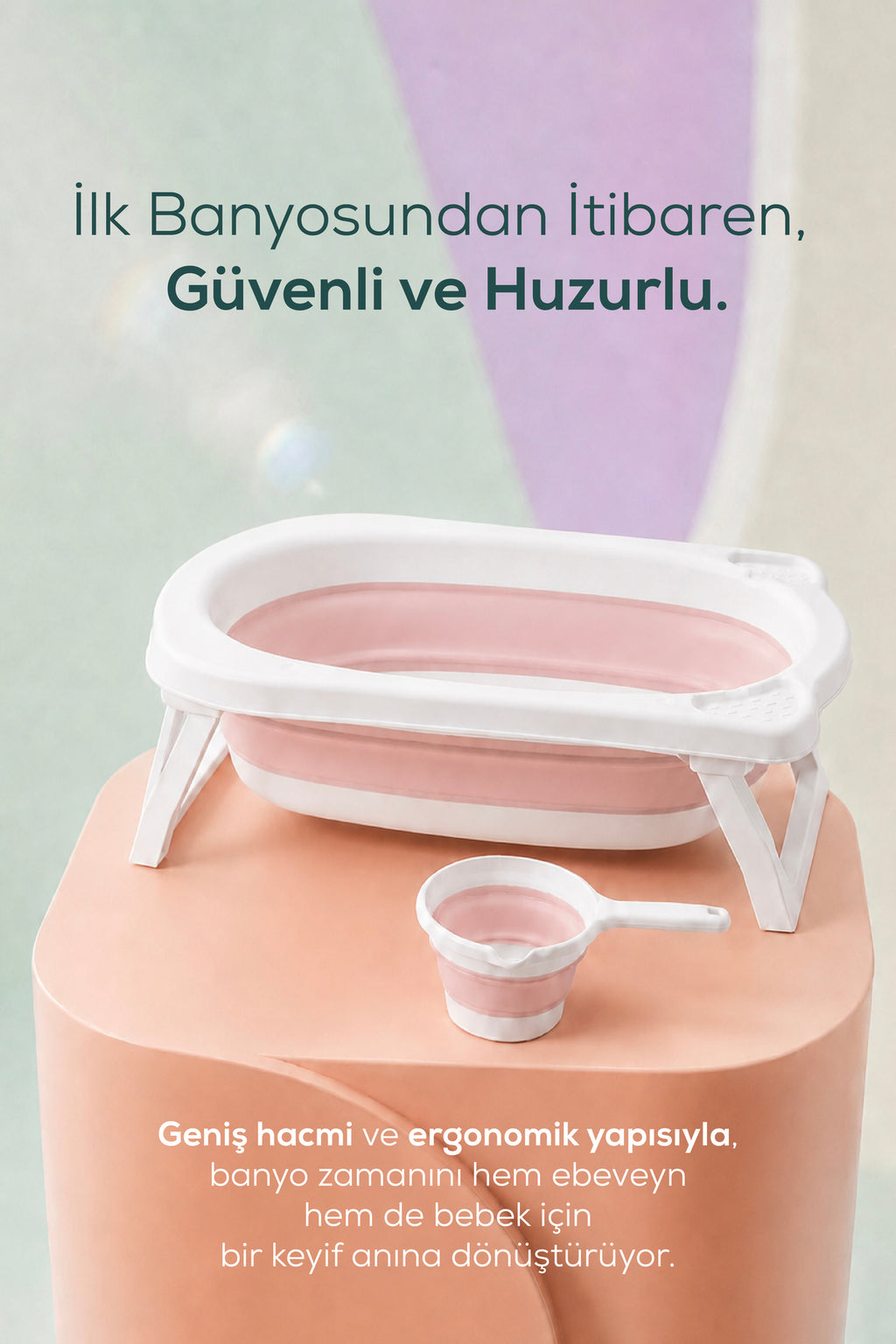 2'li Katlanır Bebek Banyo Seti - Katlanır Bebek Küveti, Maşrapa Seti,-2 Sünger Hediyeli-Pembe