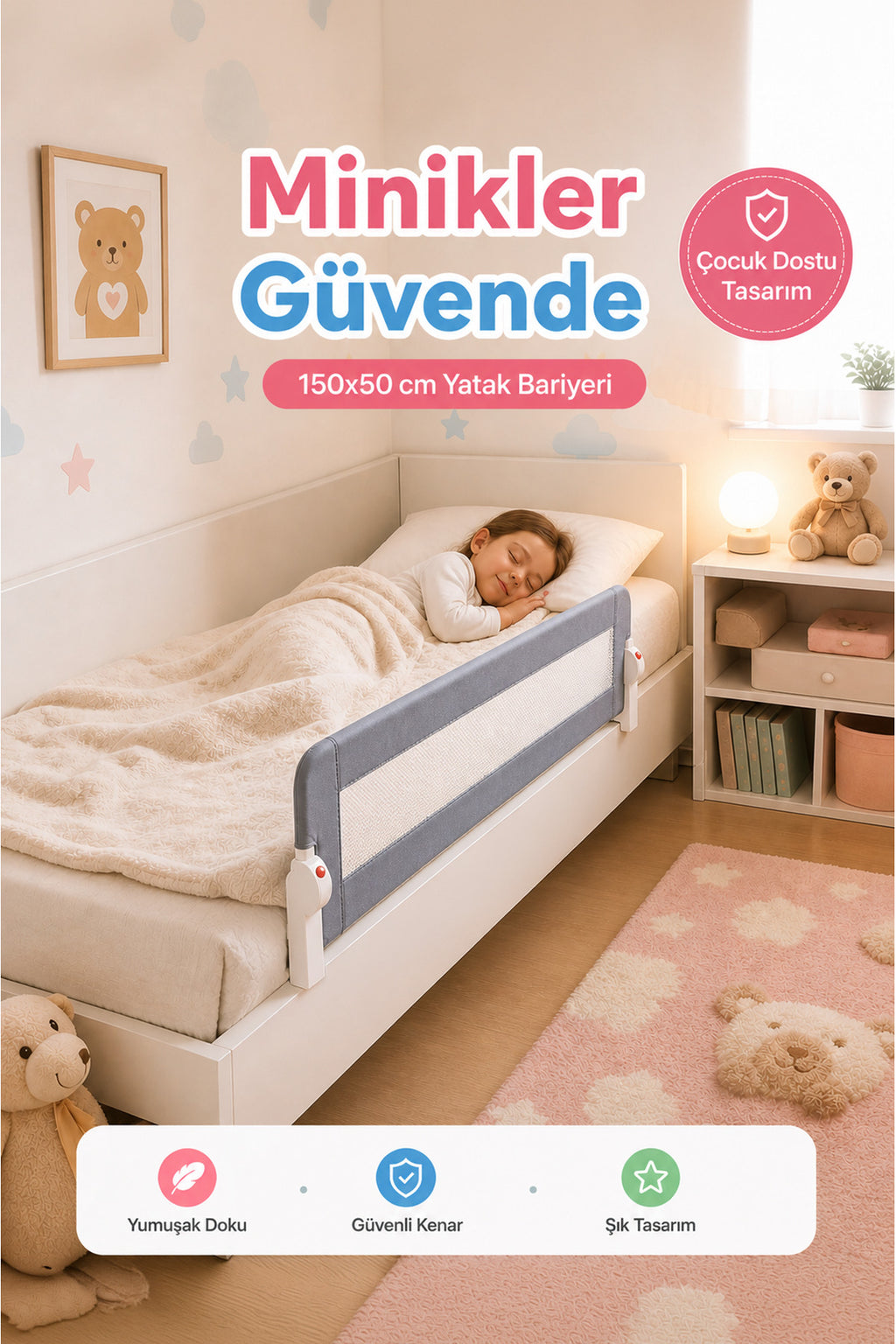 150 Cm Yatak Bariyeri - Güvenlik Bariyeri Koruyucu Bariyer,Bebek Bariyeri Büyük Boy-Gri