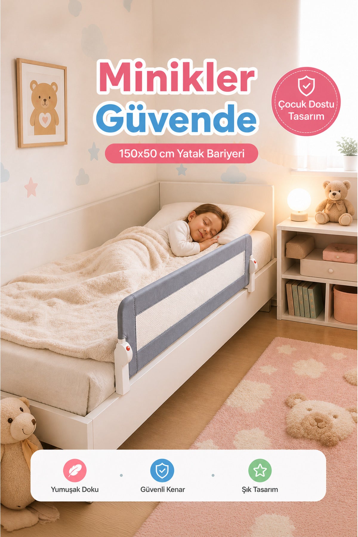 150 Cm Yatak Bariyeri - Güvenlik Bariyeri Koruyucu Bariyer,Bebek Bariyeri Büyük Boy-Gri