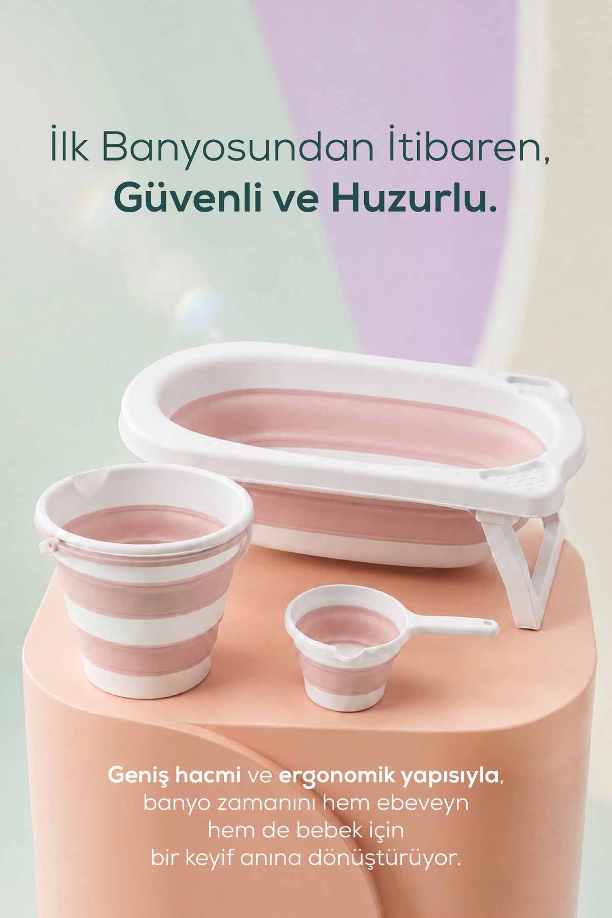 3'lü Katlanır Bebek Banyo Seti - Katlanır Bebek Küveti, Maşrapa,Kova Seti-Pembe