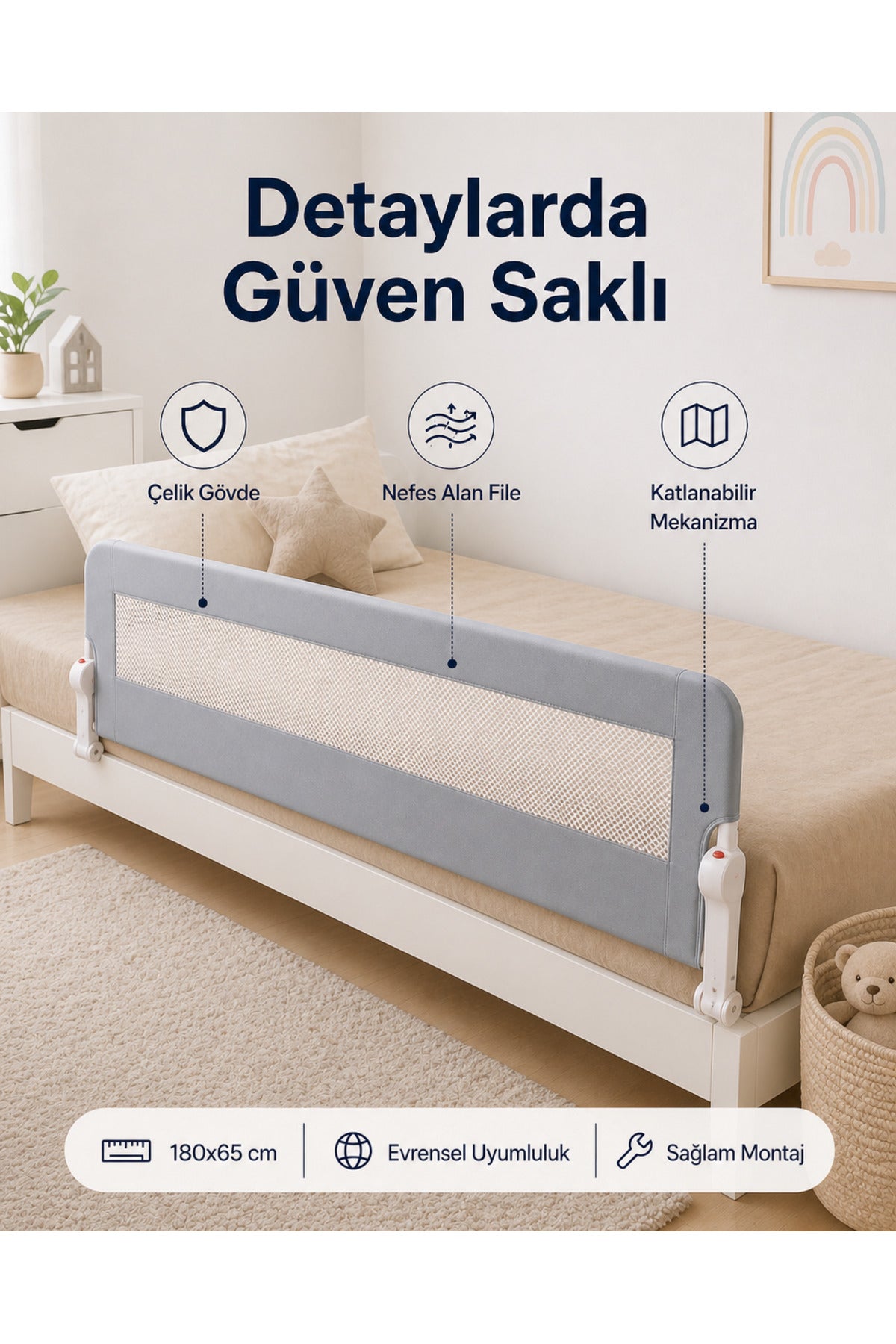 180 Cm Yatak Bariyeri - Mega Boy Güvenlik Bariyeri Koruyucu Bariyer,Bebek Bariyeri Büyük Boy-Gri