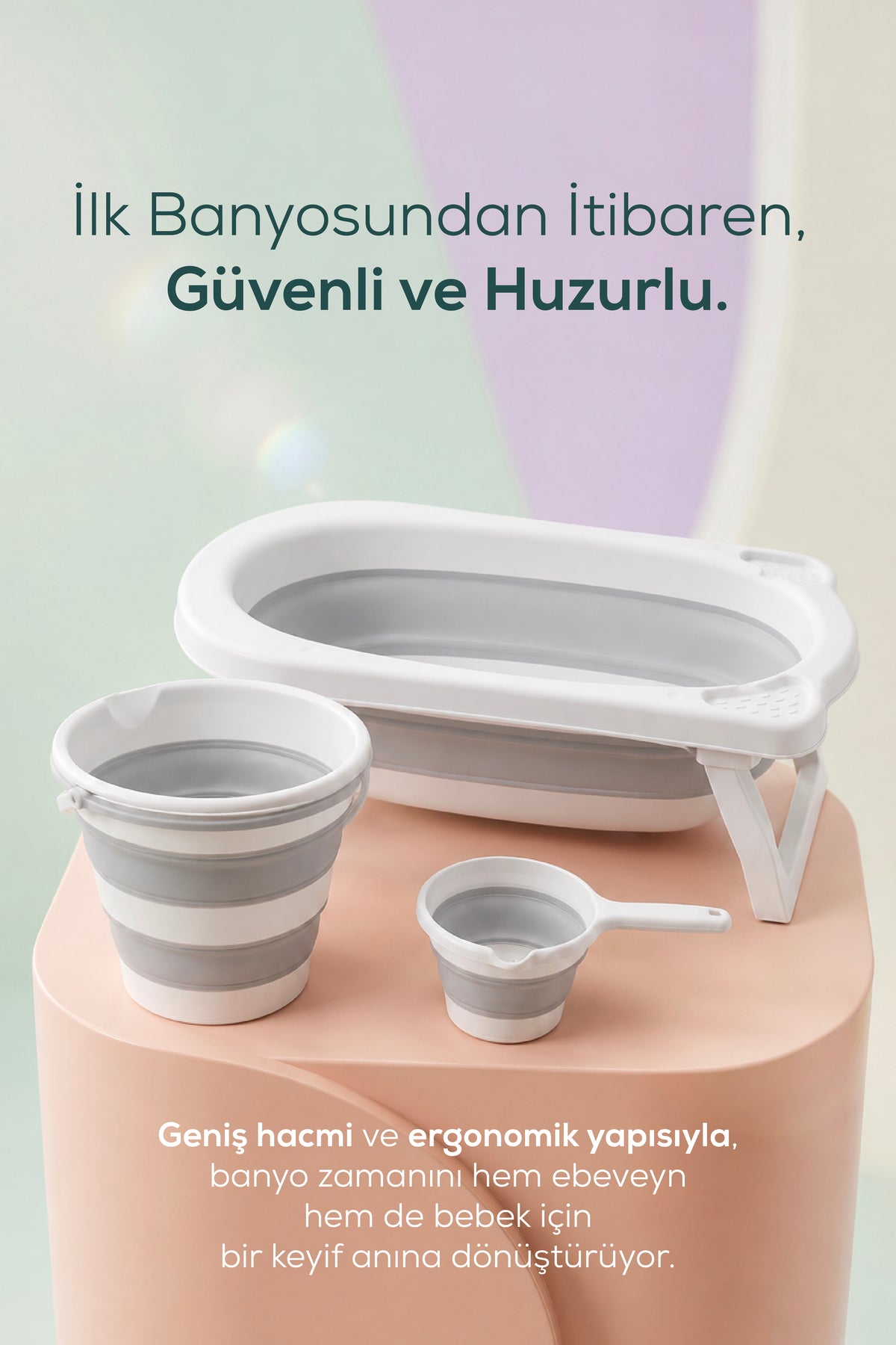 3'lü Katlanır Bebek Banyo Seti - Katlanır Bebek Küveti, Maşrapa,Kova Seti-Gri