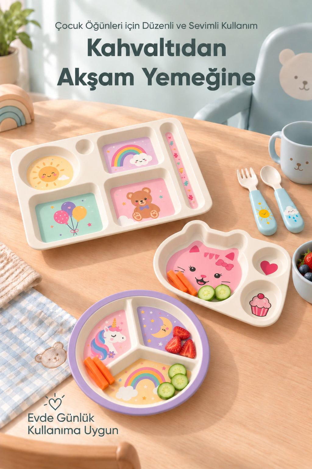 3'lü Melamin Çocuk Tabağı - Ekstra Dayanıklı BPA Free Beslenme Seti- Kırılmaz Çocuk Beslenme Tabağı - BSH-157