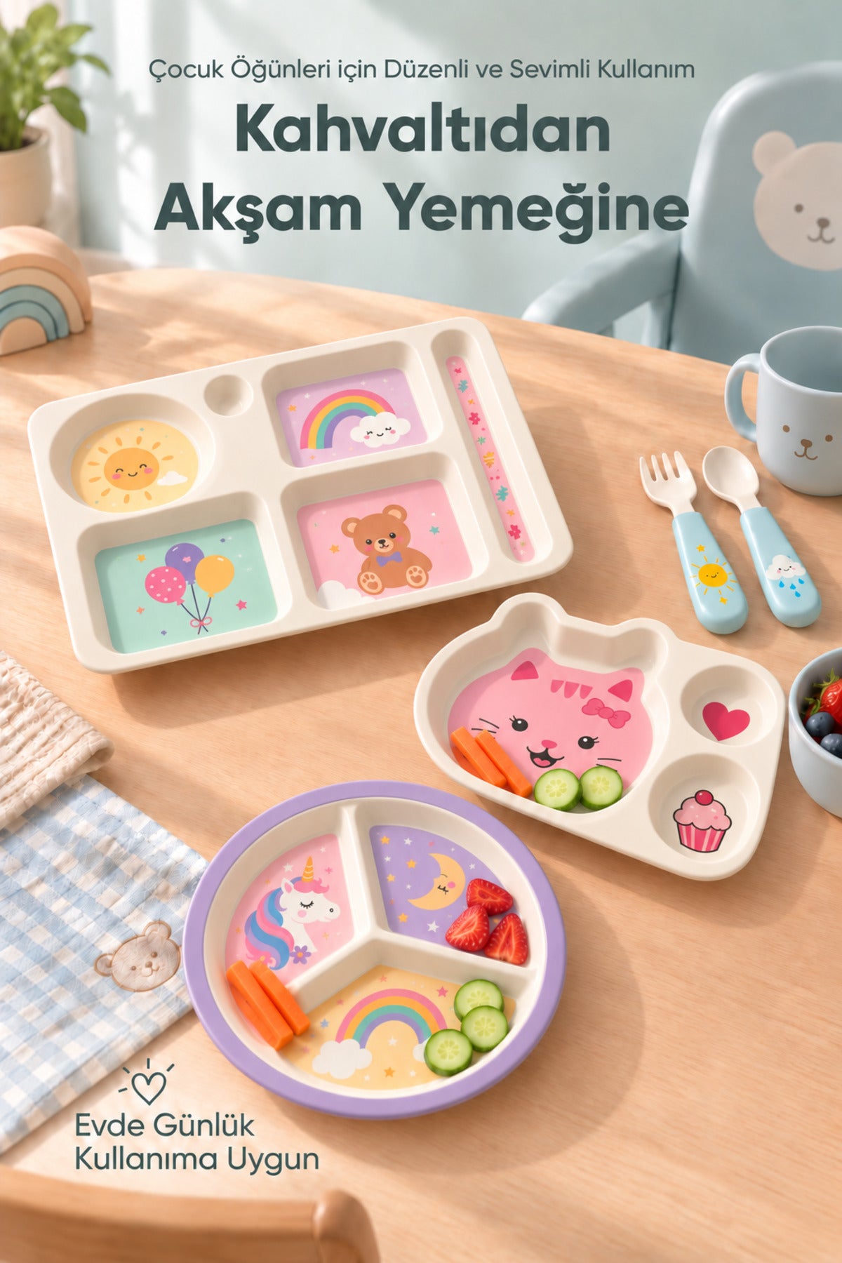 3'lü Melamin Çocuk Tabağı - Ekstra Dayanıklı BPA Free Beslenme Seti- Kırılmaz Çocuk Beslenme Tabağı - BSH-157