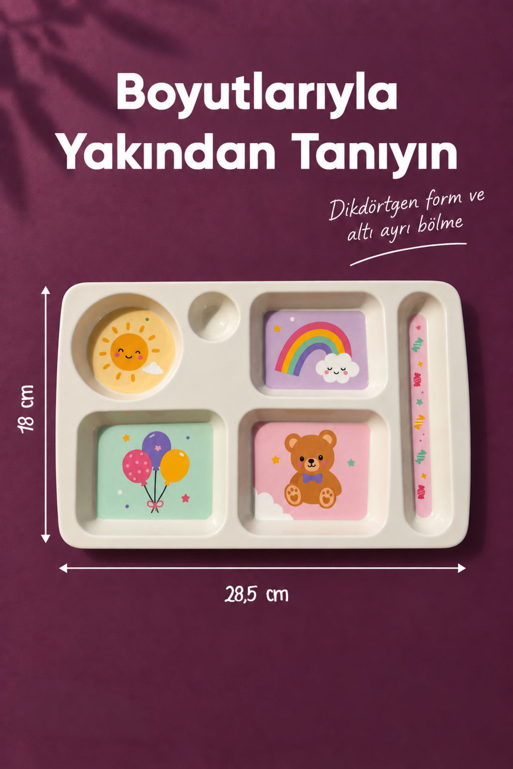 6 Bölmeli Melamin Çocuk Tabağı-Mama Tabağı-Ekstra Dayanıklı BPA Free Beslenme Tabağı- Güneş