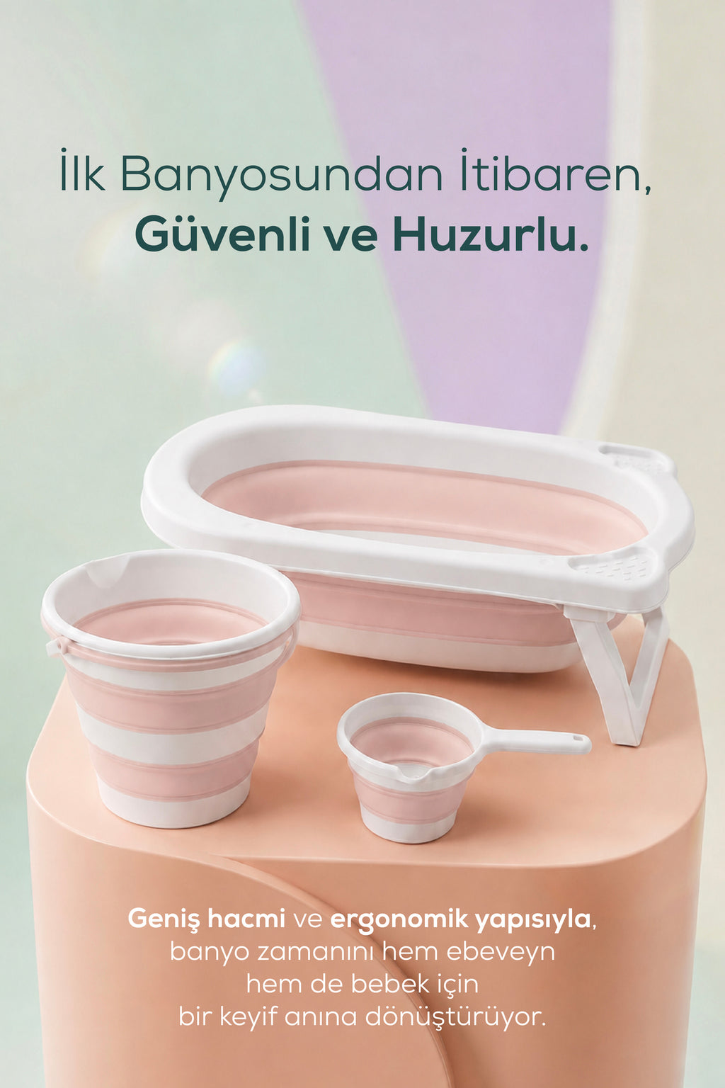 4'lü Katlanır Bebek Banyo Seti - Katlanır Bebek Küveti, Maşrapa,Kova Seti File Hediyeli-Pembe