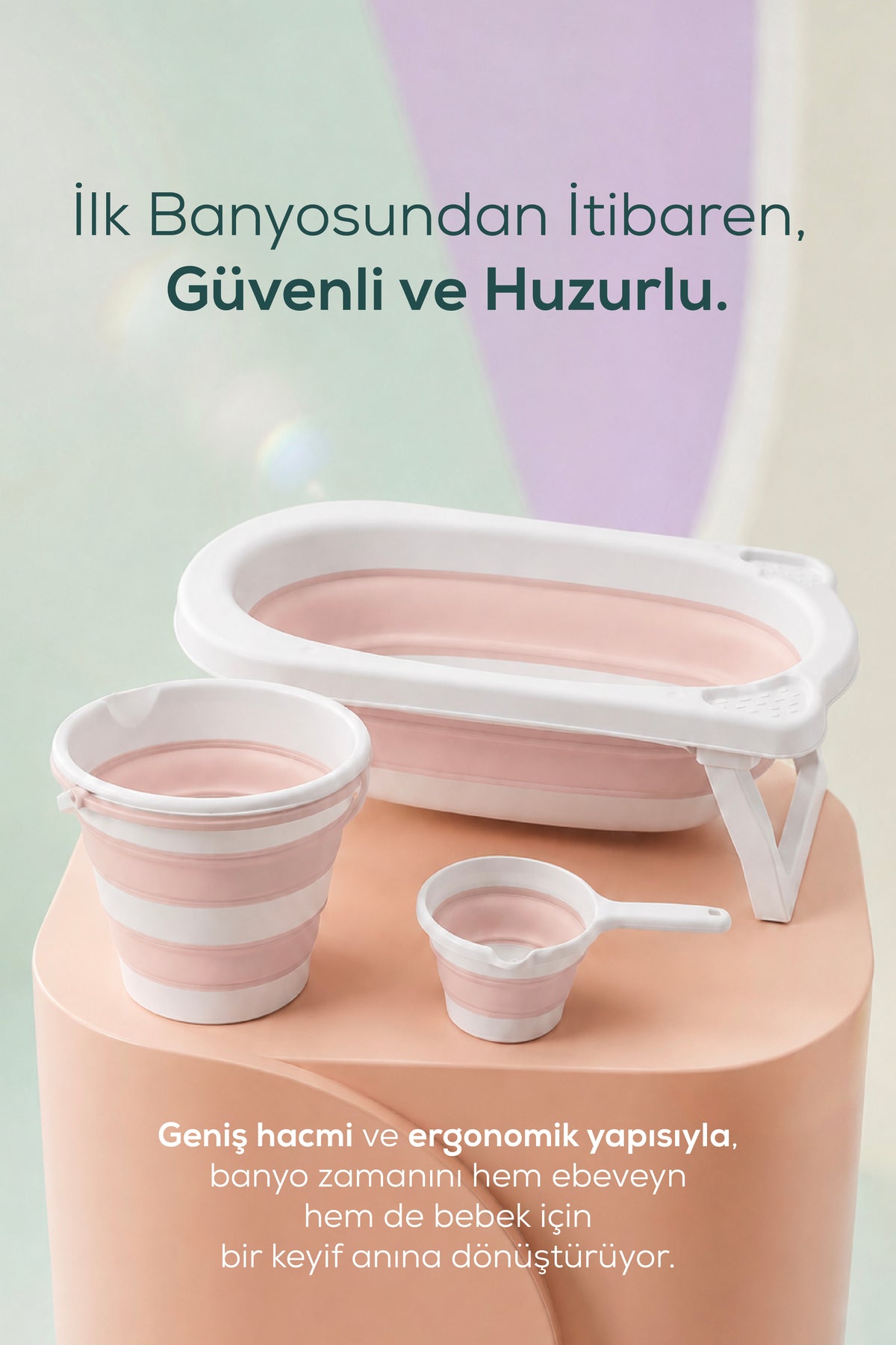 4'lü Katlanır Bebek Banyo Seti - Katlanır Bebek Küveti, Maşrapa,Kova Seti File Hediyeli-Pembe