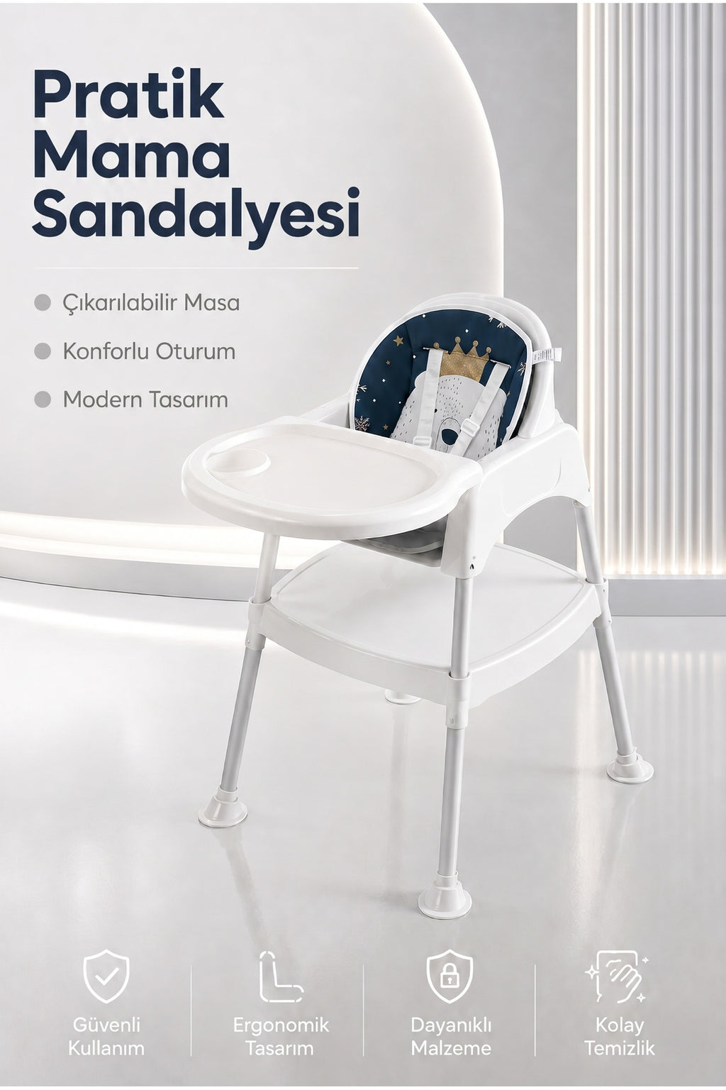 Bebek Mama Oturağı- Çok Fonksiyonlu Bebek Mama Sandalyesi ve Dönüştürülebilir Oyun Masası Seti-Beyaz