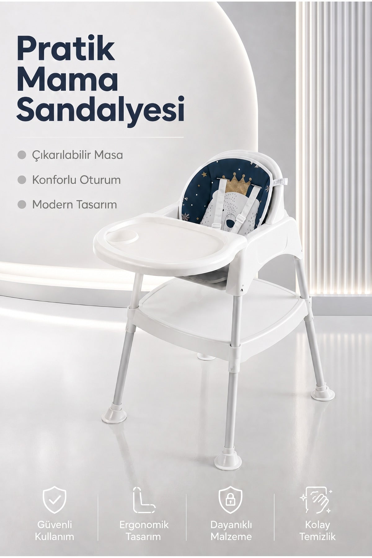 Bebek Mama Oturağı- Çok Fonksiyonlu Bebek Mama Sandalyesi ve Dönüştürülebilir Oyun Masası Seti-Beyaz
