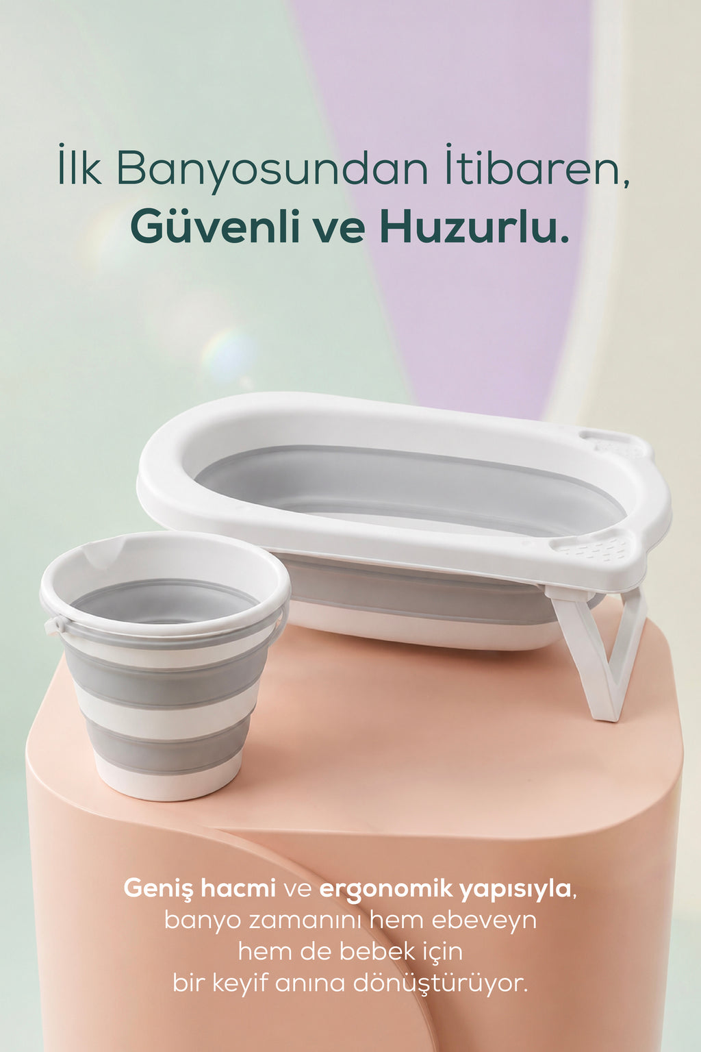 2'li Katlanır Bebek Banyo Seti - Katlanır Bebek Küveti,Kova Seti -2 Sünger Hediyeli-Gri