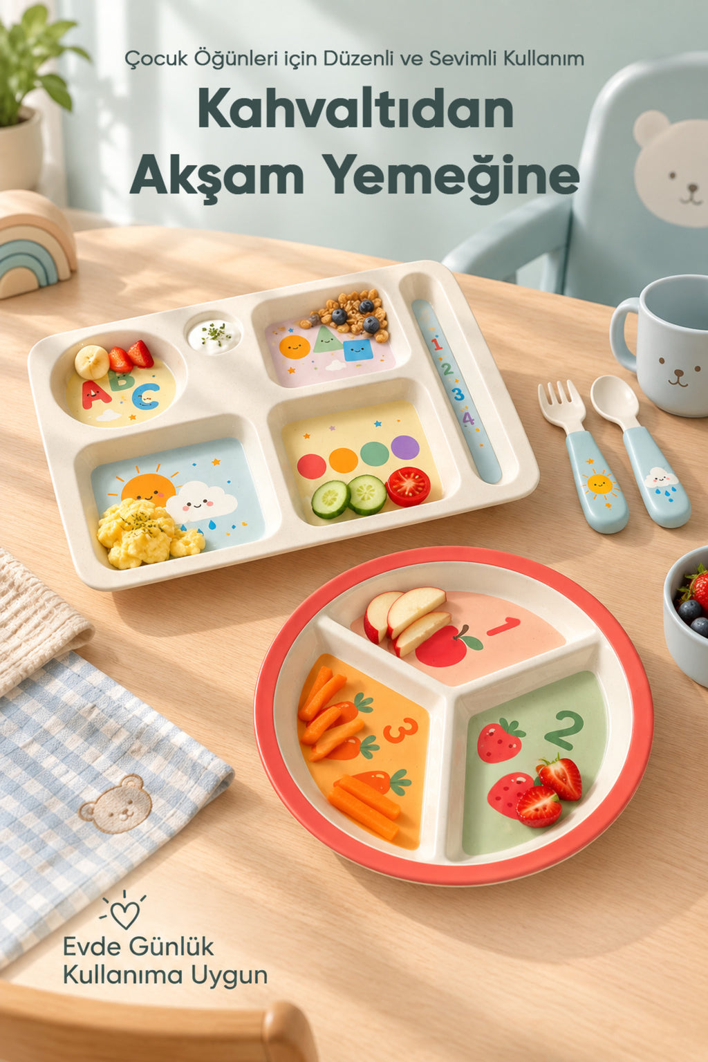 2'li Melamin Çocuk Tabağı - Ekstra Dayanıklı BPA Free Beslenme Seti- Kırılmaz Çocuk Beslenme Tabağı - BSH-159